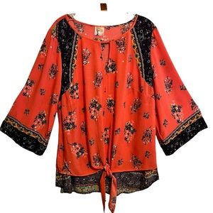 Fig And  Flower  Floral Flare Sleeve Tie Front  Top Women’s Large